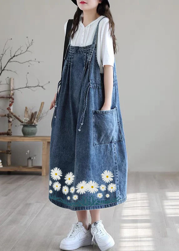 Plus Size Blue drawstring pocket Spaghetti Strap Cotton denim Dress Spring