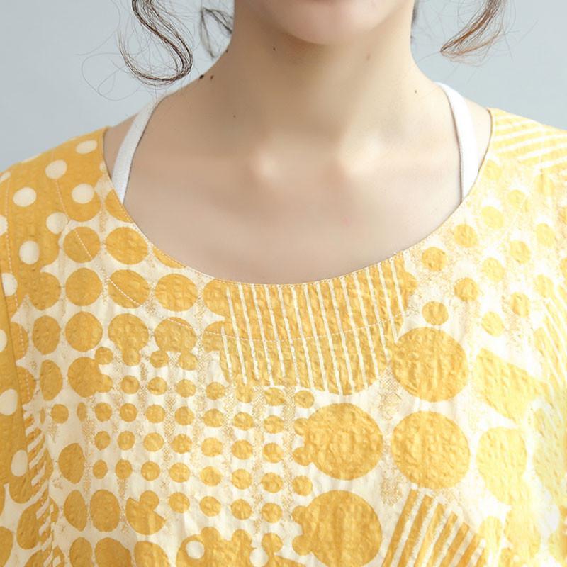 Round Neck Printing Lacing Summer Women Yellow Dress - Omychic