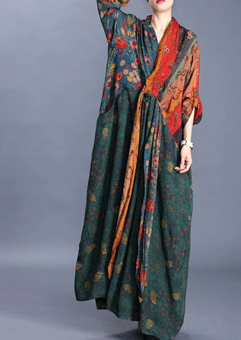 Plus Size V Neck Floral Printed Lacing Spliced Dress