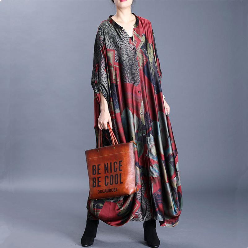 Organic Batwing Sleeve Spring Clothes For Women Design Red Print Robe Dress - Omychic