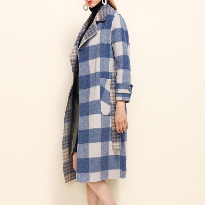Fashion Blue Plaid Woolen Coat Women Medium Length Jackets Notched Tie Waist Outwear - Omychic