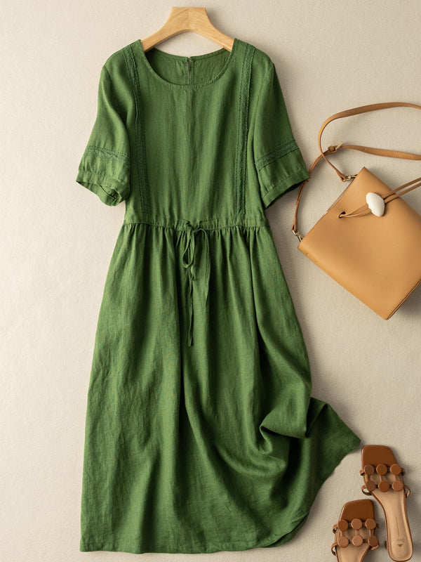 Solid Color Round Neck Short Sleeve Linen Dress