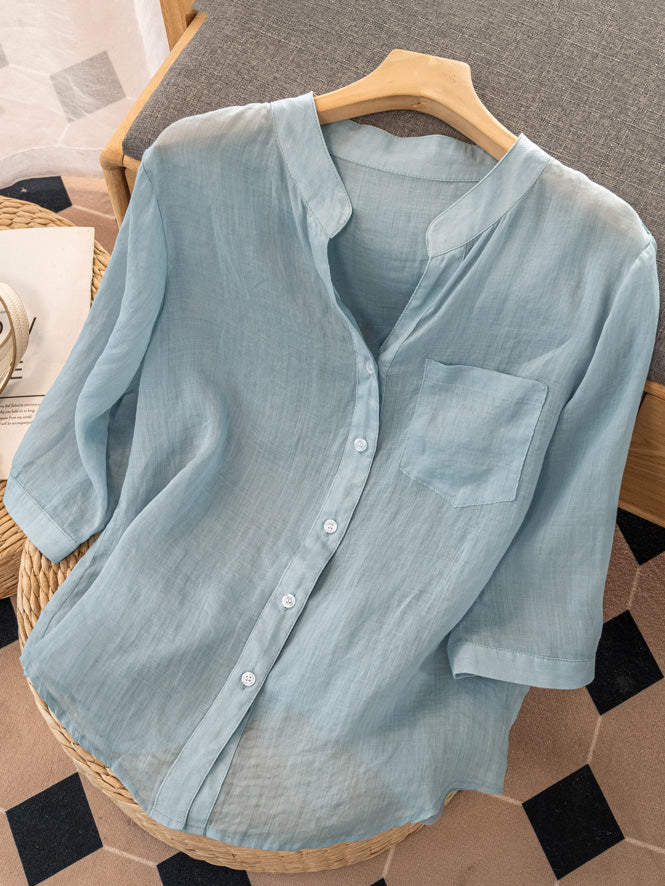 Plain 3/4 Sleeve V Neck Loosen Ramie Shirt