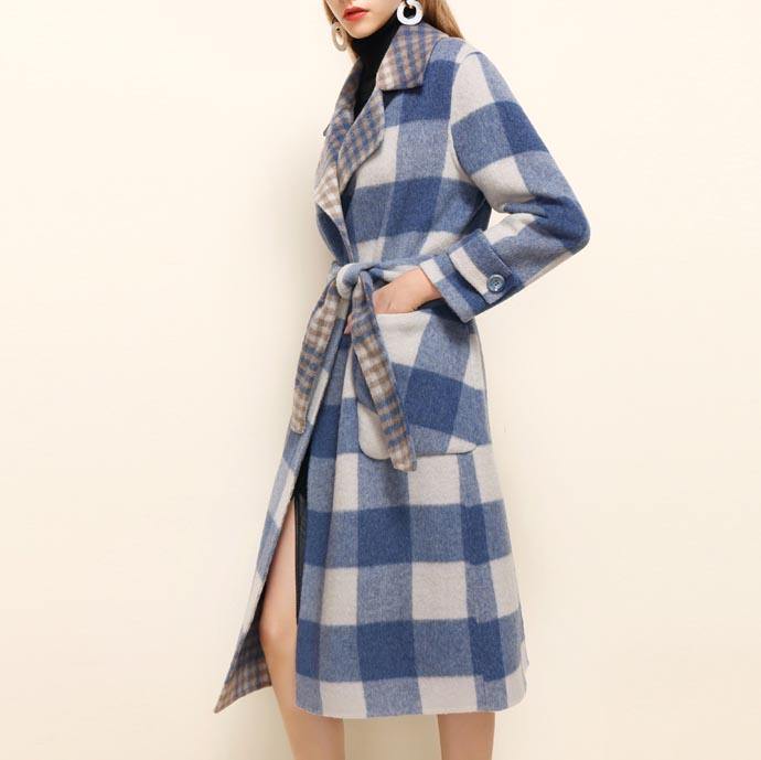 Fashion Blue Plaid Woolen Coat Women Medium Length Jackets Notched Tie Waist Outwear - Omychic