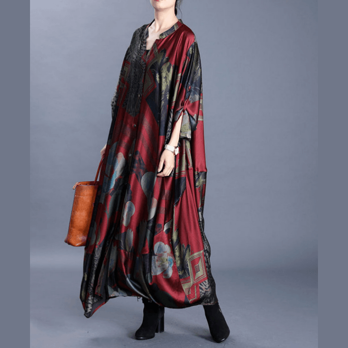 Organic Batwing Sleeve Spring Clothes For Women Design Red Print Robe Dress - Omychic