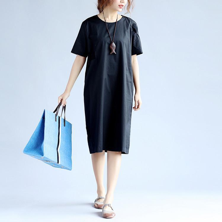 Cotton Women Splicing Short Sleeves Black Dress - Omychic