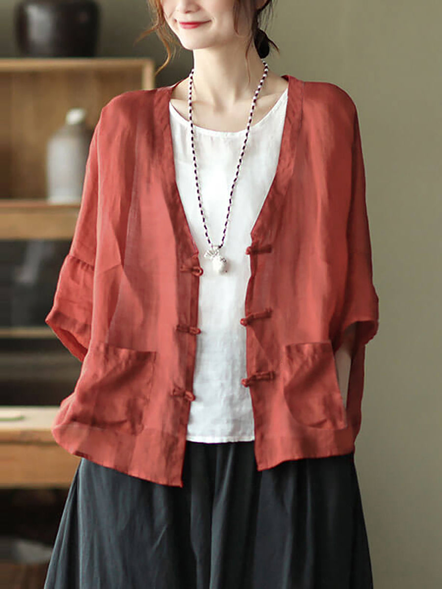 Women Casual Ramie Pocket Vintage Sunscreen Cardigans