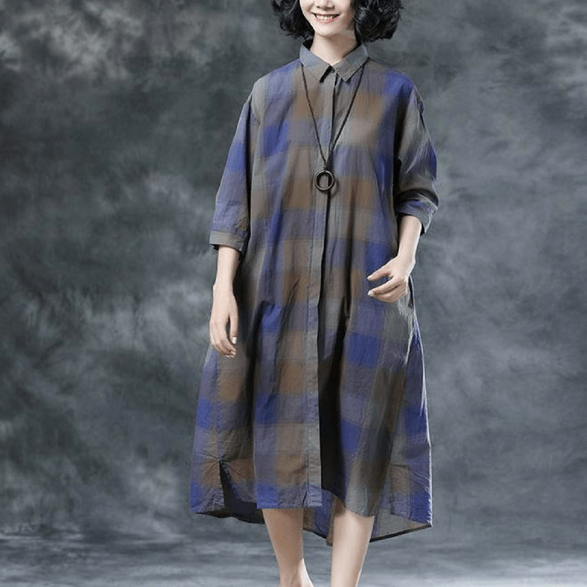 Plaid Casual Pockets Summer Half Sleeve Dress - Omychic