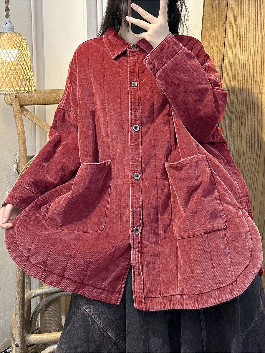 Retro Red Colorblock Corduroy Shirt Pocket Coat