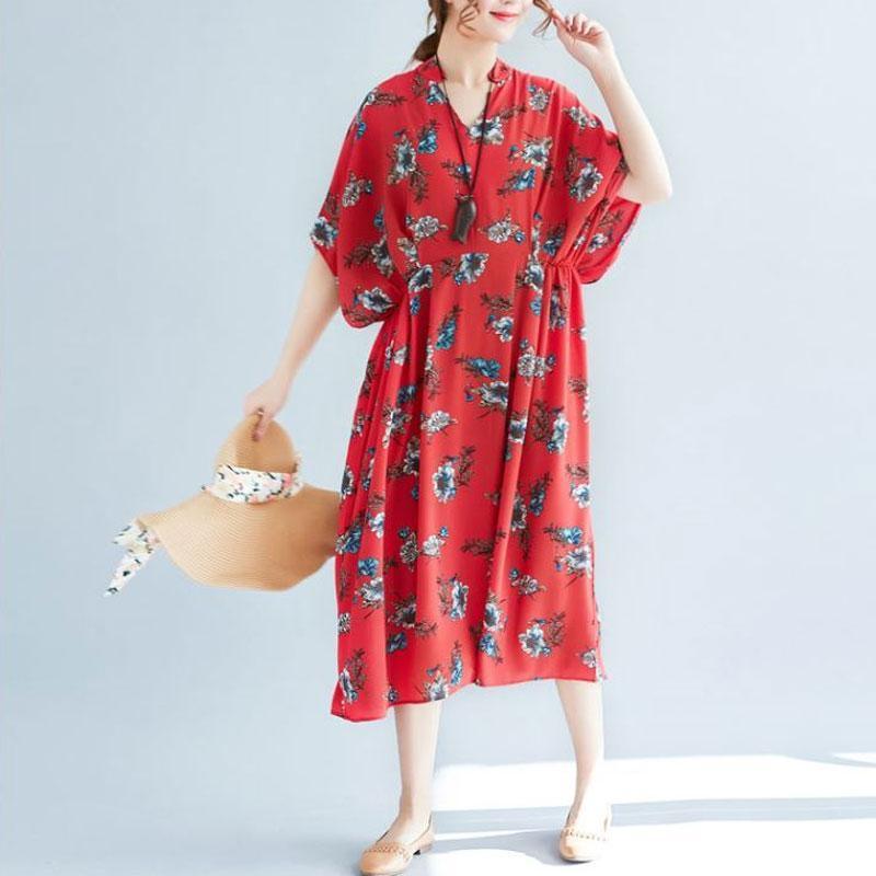 V Neck Loose Plus Size Printed Chiffon Dress - Omychic