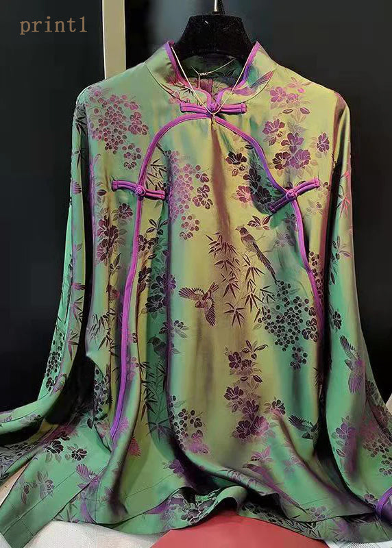 Elegant Green-Print3 Stand Collar Patchwork Jacquard side open Silk Shirts Long Sleeved