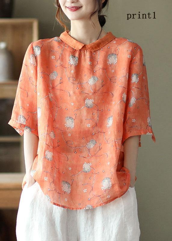 DIY Orange Print2  Ramie Half Sleeve Shirt Summer