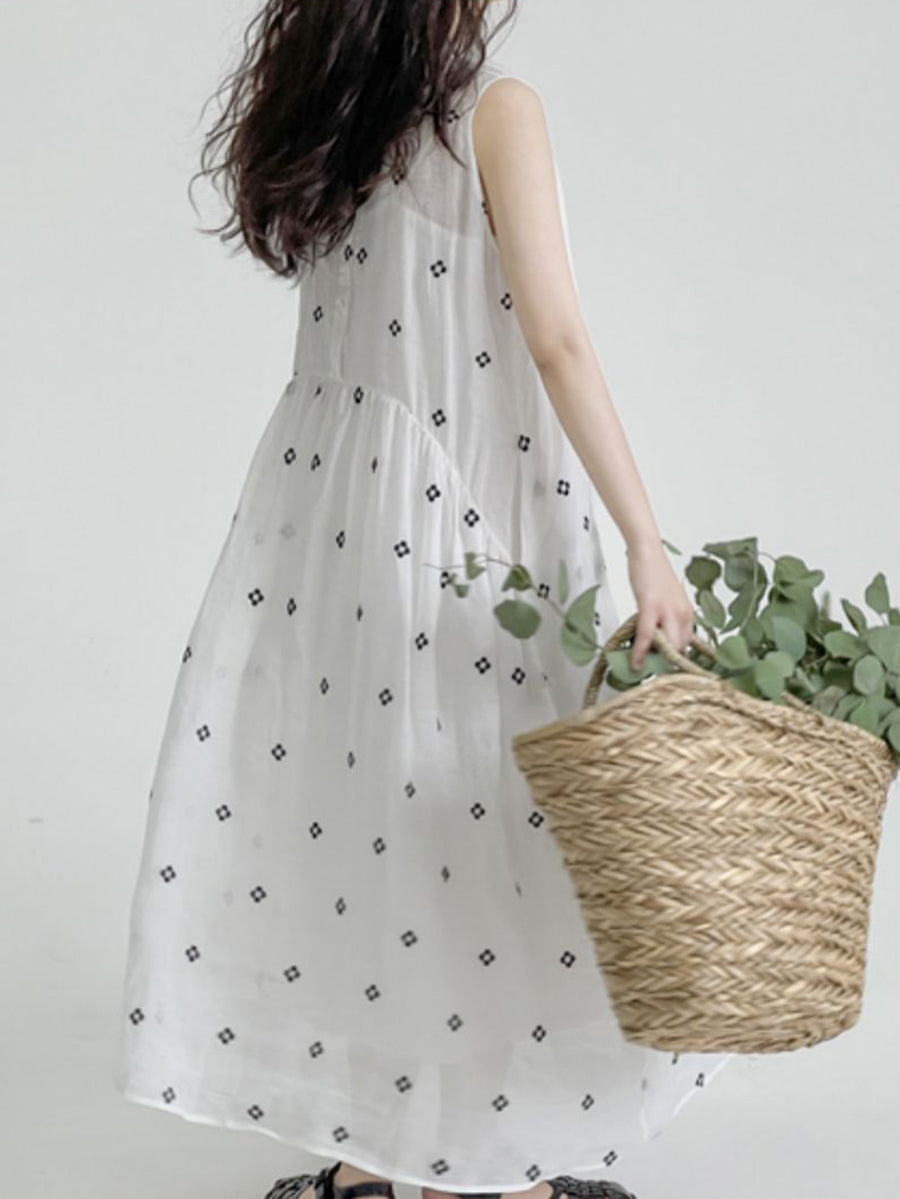 2023 Summer Vintage Flower Drawstring Button Vest Dress