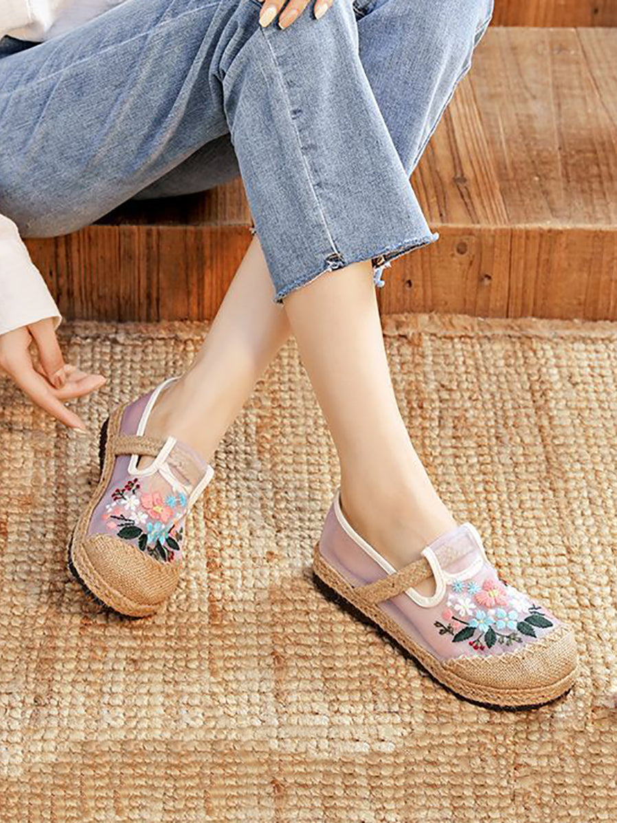 Women Summer Embroidery Flower Straw Flat Shoes