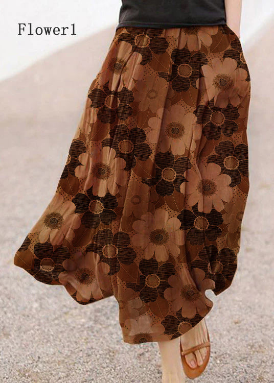 Retro Chocolate Dot Print Pockets Linen Skirt Summer