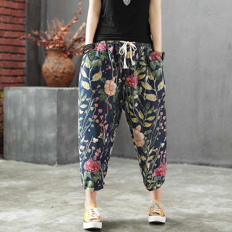 2021 Plus Size Floral Print Elastic Waist Women Autumn Jeans - Omychic