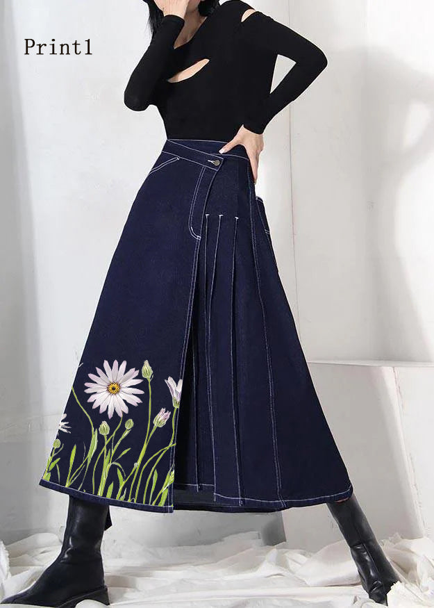 Boho denim blue-print4 zippered asymmetrical design Summer Skirt