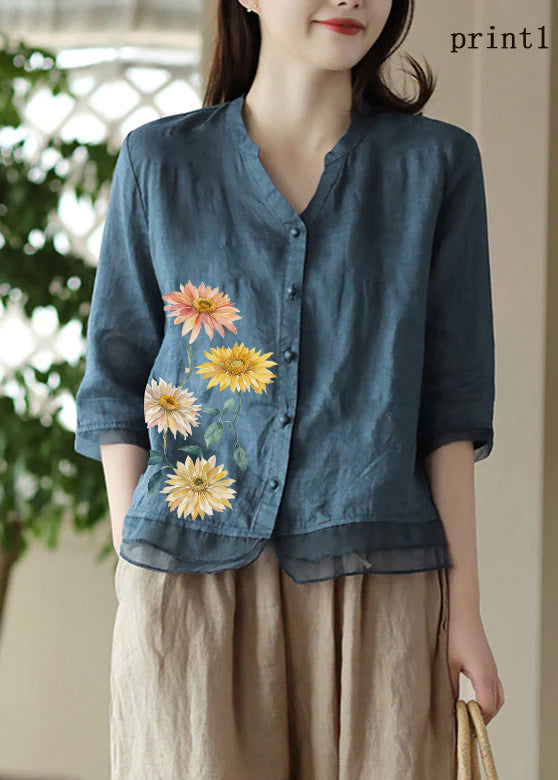 Casual Blue-print2 V Neck Embroideried Solid Ramie Shirt Half Sleeve