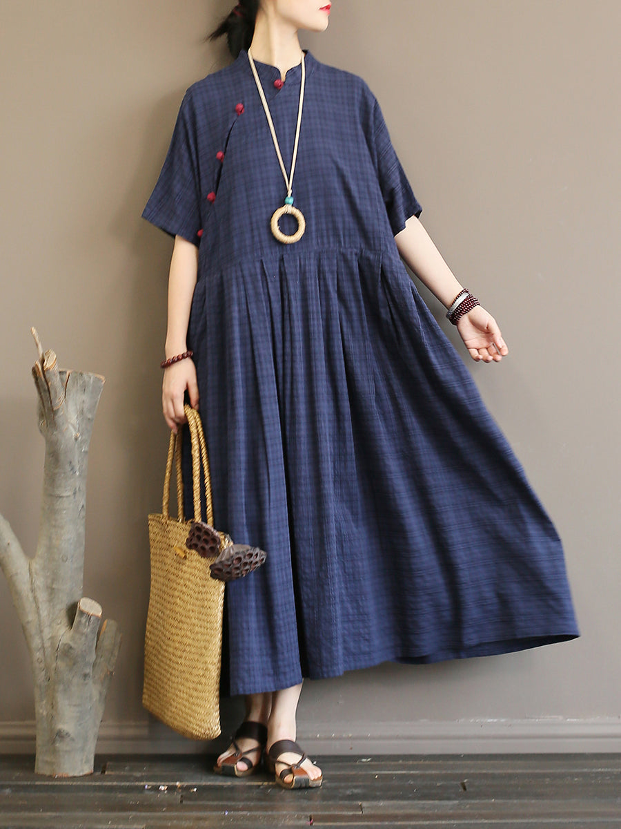 Summer Vintage Pleated Cotton Plaid Dress