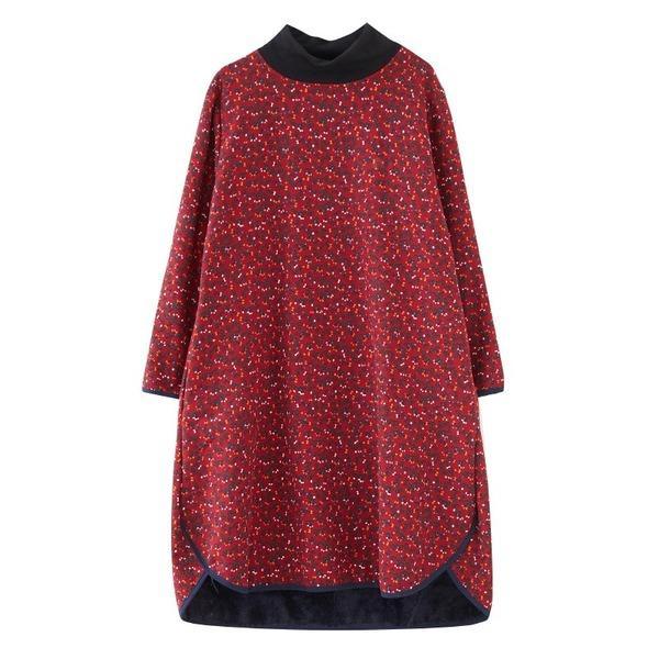 long sleeve plus size cotton vintage floral women casual loose midi autumn winter dress - Omychic