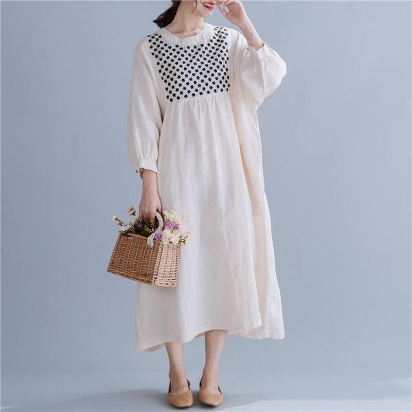 long sleeve cotton linen vintage embroidery plus size women casual loose spring autumn dress - Omychic