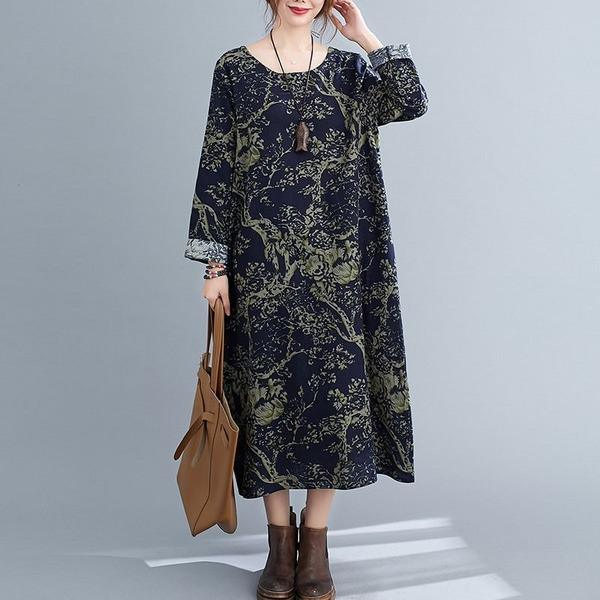 2020 Autumn Vintage Style O-neck Print Loose Comfortable Female Long Dresses - Omychic