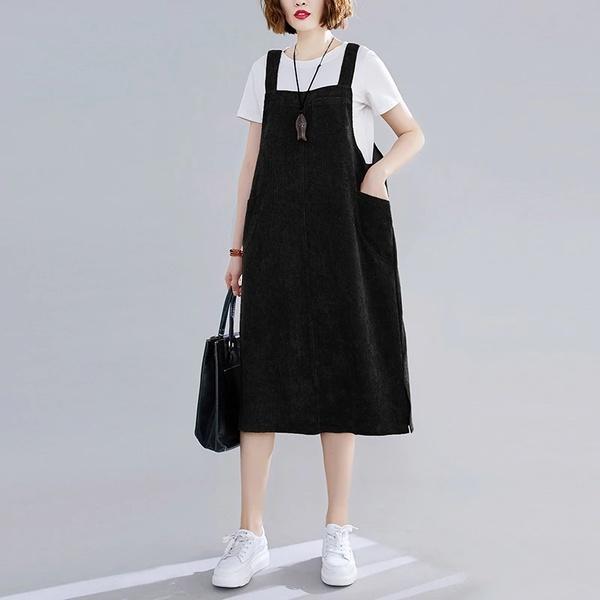 sleeveless plus size corduroy vintage women casual loose midi autumn winter vest elegant party dress clothes - Omychic