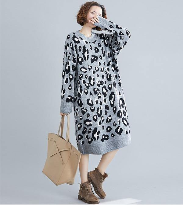 long sleeve plus size knitted leopard women casual loose midi autumn winter sweater elegant dress clothes - Omychic