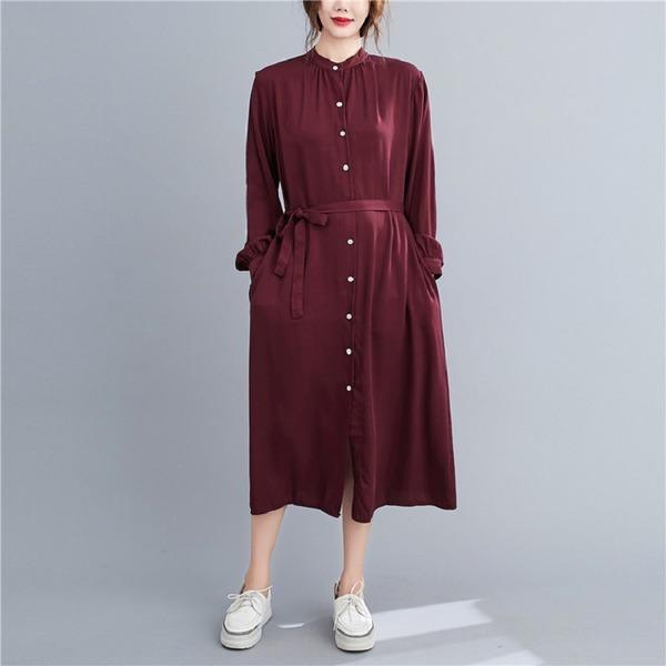 long sleeve cotton linen plus size vintage women casual loose spring autumn shirt dress - Omychic