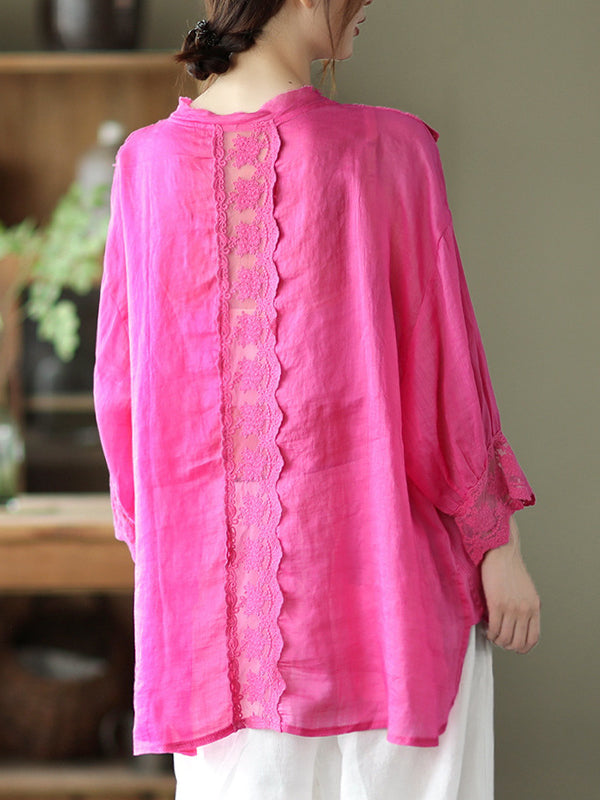 Casual Loose Long Sleeves Split-Joint Solid Color Round-Neck T-Shirts Tops