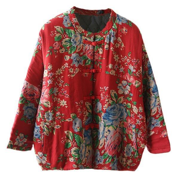 Women Vintage Print Floral Parkas Red Stand Long Sleeve Winter Coats  Warm Parkas Coats - Omychic