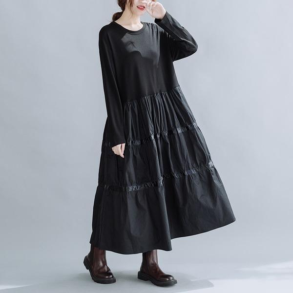 omychic plus size black cotton vintage for women casual loose spring autumn dress - Omychic
