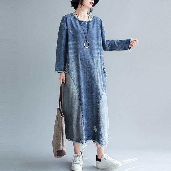 Oversized Women Casual Denim Long Dress Winter Vintage Style O-neck Loose Female Jean Dresses - Omychic