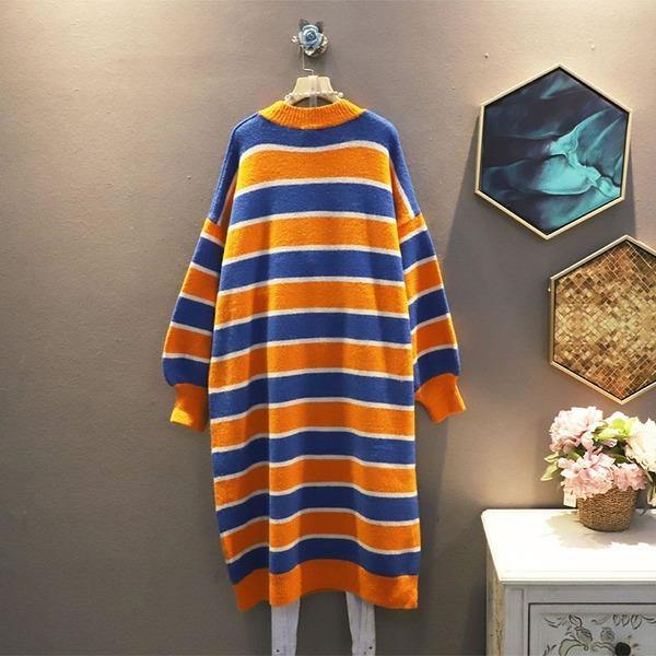 Knitting Stripe Splicing Dress Contrast Color Casual Collar Pullover Loose Dress - Omychic