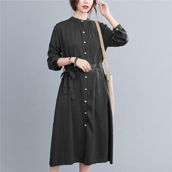 long sleeve cotton linen plus size vintage women casual loose spring autumn shirt dress - Omychic