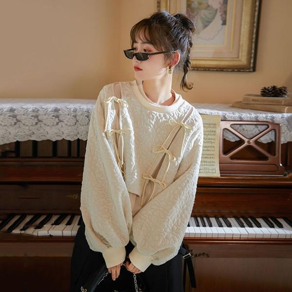 Fashion Bandage Bow Sweatshirt Solid Color Casual Women Winter t Long Sleeve Pullover - Omychic