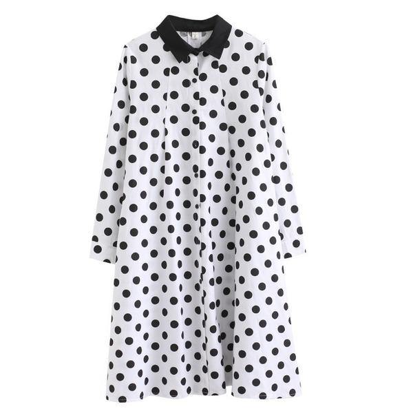 omychic plus size cotton vintage Polka Dot women casual loose midi autumn elegant shirt dress clothes 2020 ladies dresses - Omychic