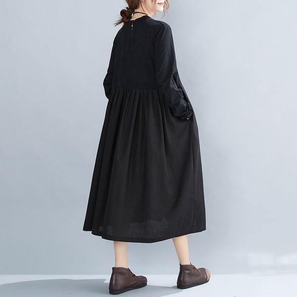 omychic plus size black cotton vintage for women casual loose autumn winter dress - Omychic