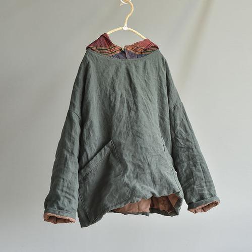 Women Linen Patchwork Hooded Coat Parkas Ladies Vintage Flax Tops Female 2020 Outerwear 2020 Autumn Winter - Omychic
