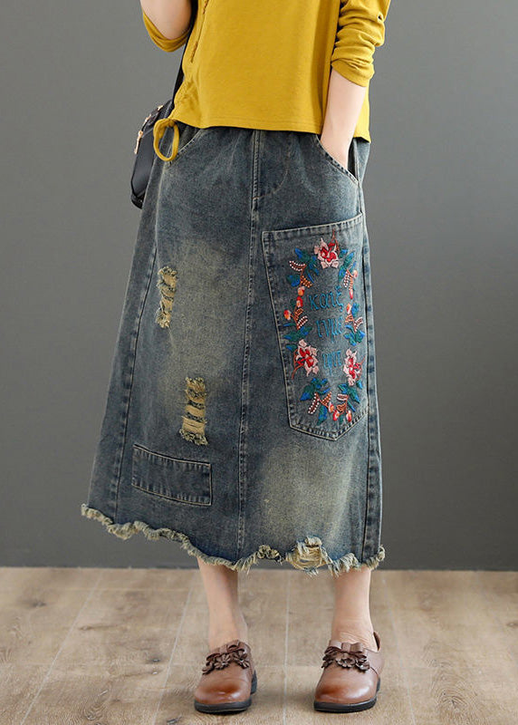 Vintage Grey Asymmetrical Embroideried Patchwork High Waist Denim Maxi Skirts Summer