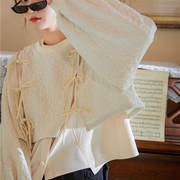 Fashion Bandage Bow Sweatshirt Solid Color Casual Women Winter t Long Sleeve Pullover - Omychic