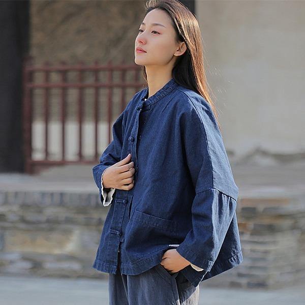 Women Denim Jackets Vintage Stand Bat Sleeve Solid Color Coats - Omychic