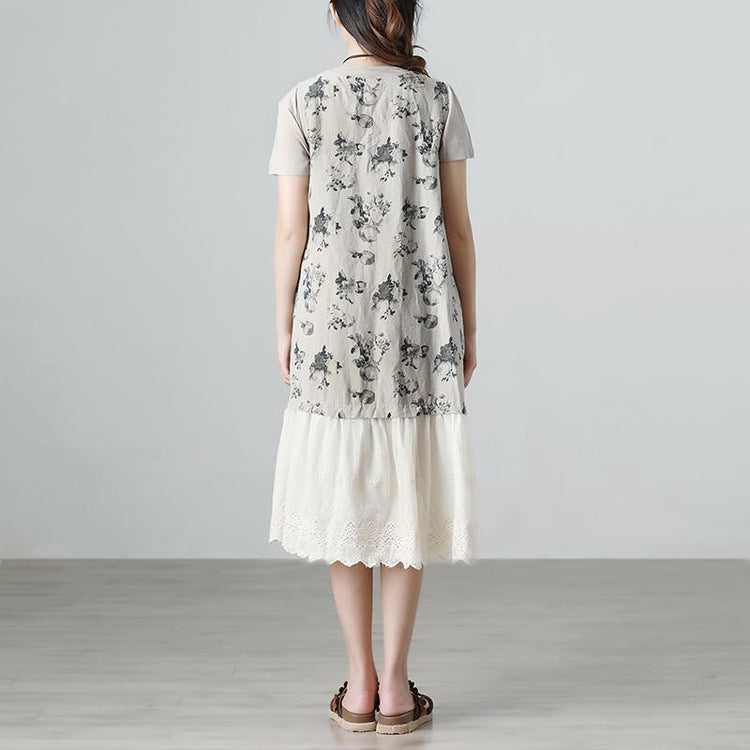 Casual Summer Short Sleeve Floral Beige Long Dresses - Omychic
