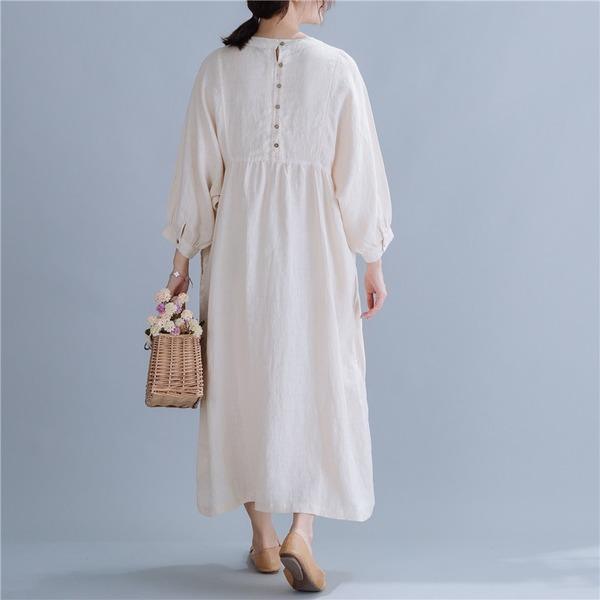 long sleeve cotton linen vintage embroidery plus size women casual loose spring autumn dress - Omychic