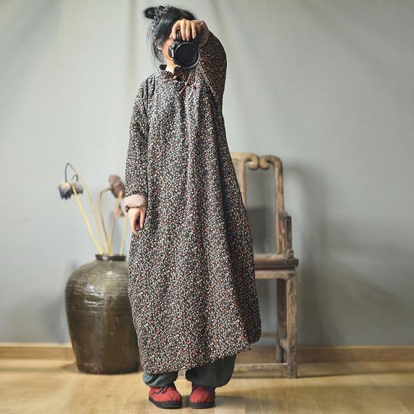 Vintage Cotton Linen Print Padded Dresses Female 2020 Autumn Winter Dress - Omychic