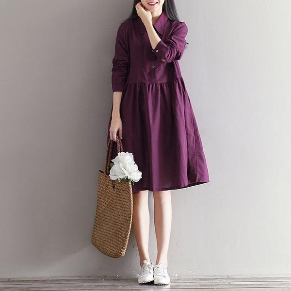 Women Cotton Linen Casual Dress New 2020 Simple Style Knee-length A-line Dress - Omychic