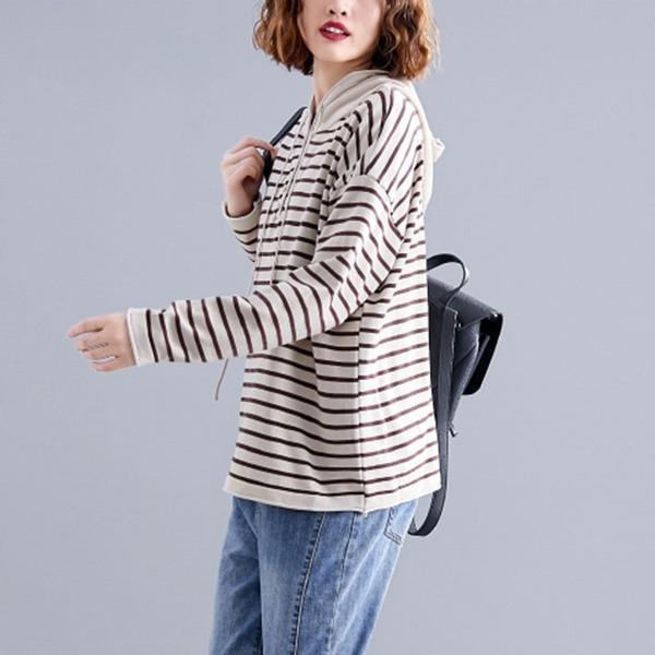 2020 Simple Style Striped Loose Comfortable Female Long Sleeve Hooded Sweatshirt - Omychic