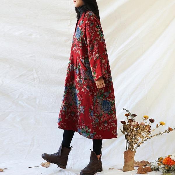 Women Vintage Red Print Floral Parkas V-Neck Long Sleeve  Warm Parkas - Omychic