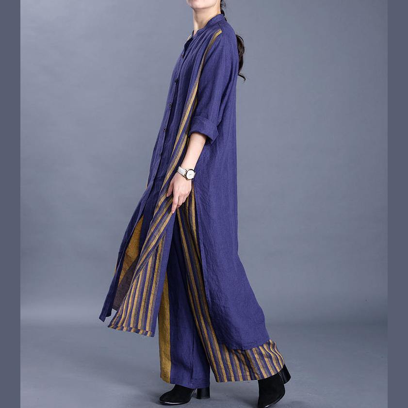 20 New Women's Art Cotton Long Line Cardigan Top Loose Wide Leg Pants Blue Stripe Two Piece Set - Omychic