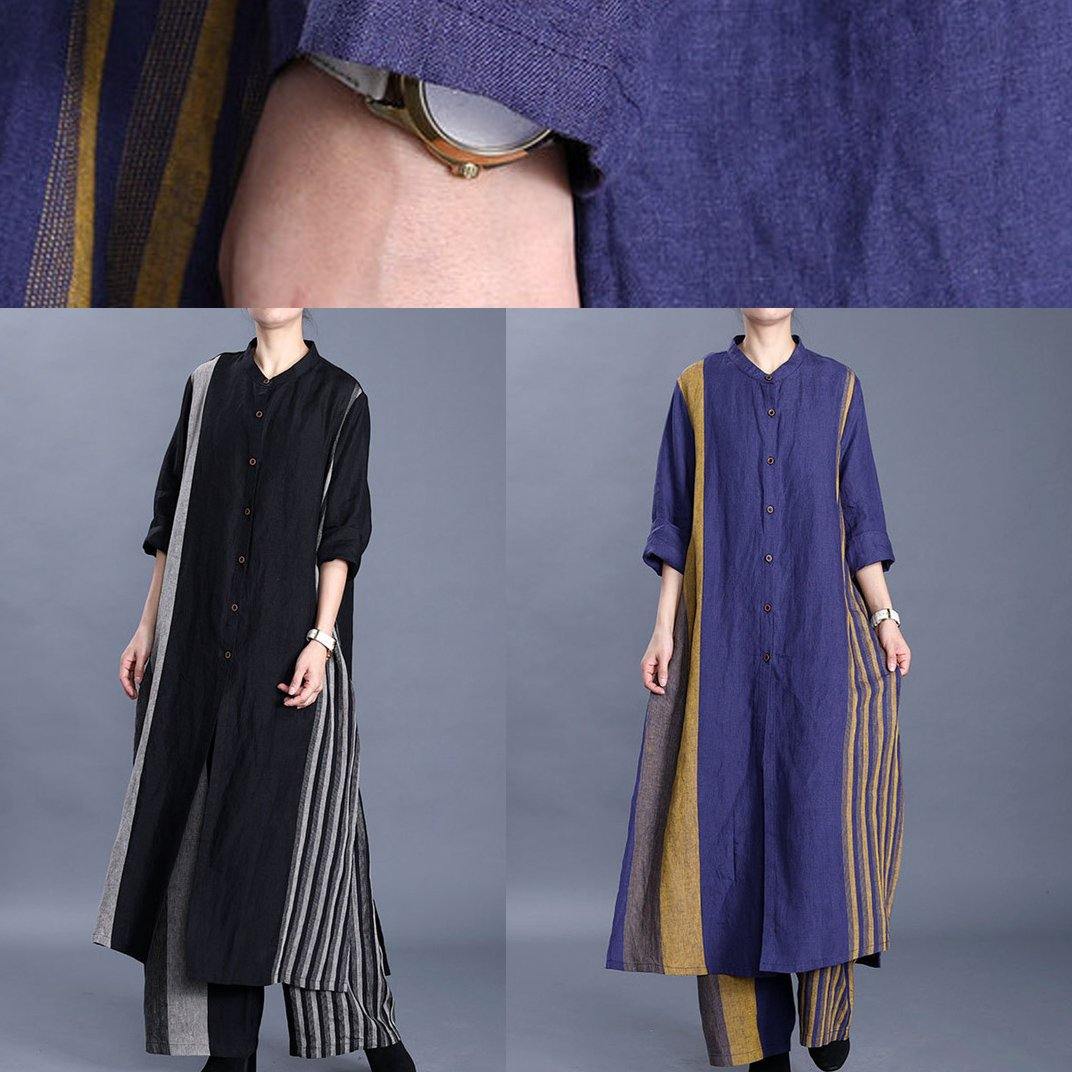 20 New Women's Art Cotton Long Line Cardigan Top Loose Wide Leg Pants Blue Stripe Two Piece Set - Omychic